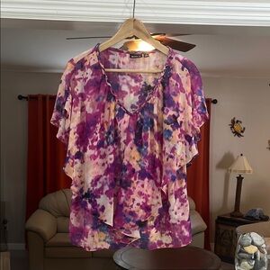 Allen B. Women's Tiered Pink Purple Braided V-Neck Floral Top Size M
